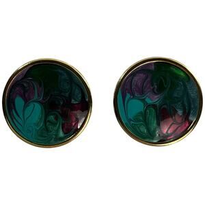 80s Vintage Gold Purple & Blue Swirl Clip-On Earrings 1", Excellent Condition